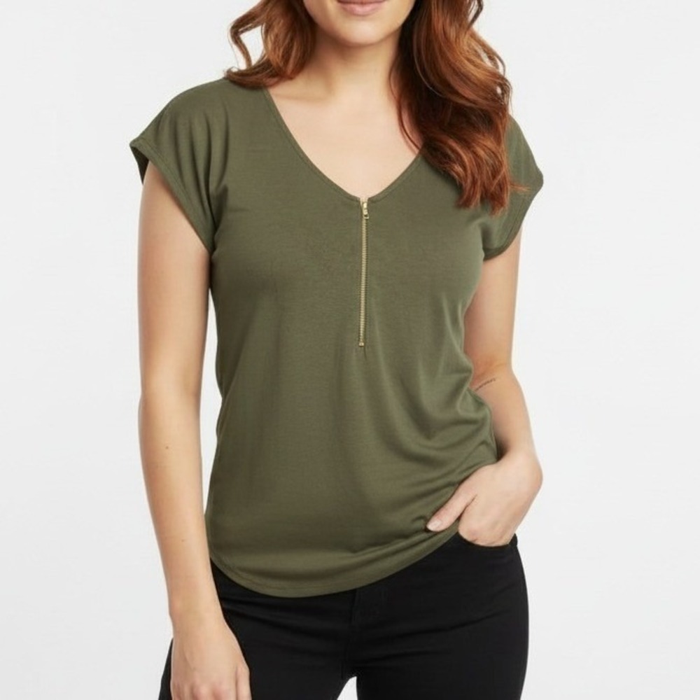 Green Envelope Top Women Large Olive Green Zip V-Neck Cap Sleeve Casual Utility